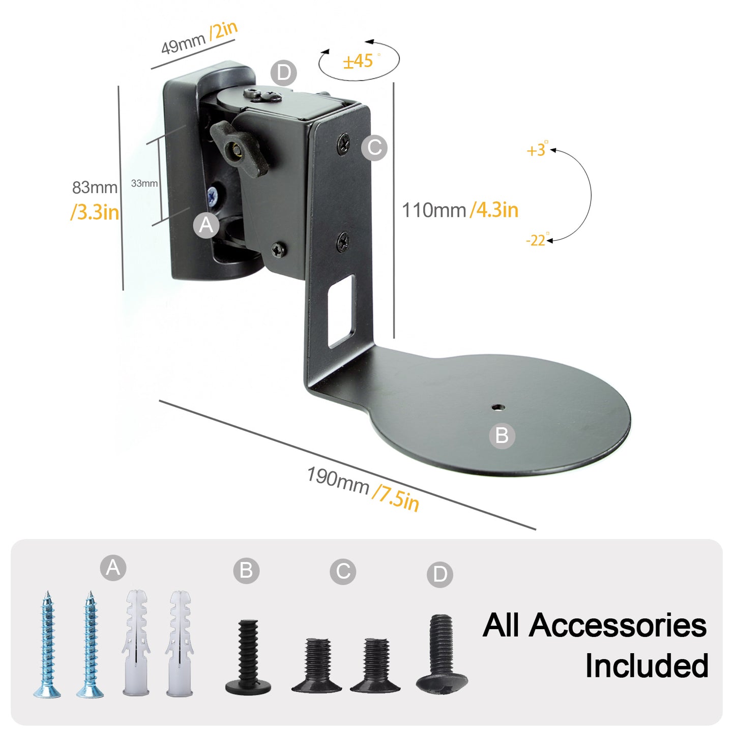 Sonos Era 100 Wall Mount Bracket – All-Metal Heavy Duty Steel, Adjustable Angle (-22° to 3° Tilt, ±45° Swivel), Tool-Free Tilt Adjustment, Includes Mounting Screws & Anchors, Sturdy Anti-Vibration Speaker Wall Bracket