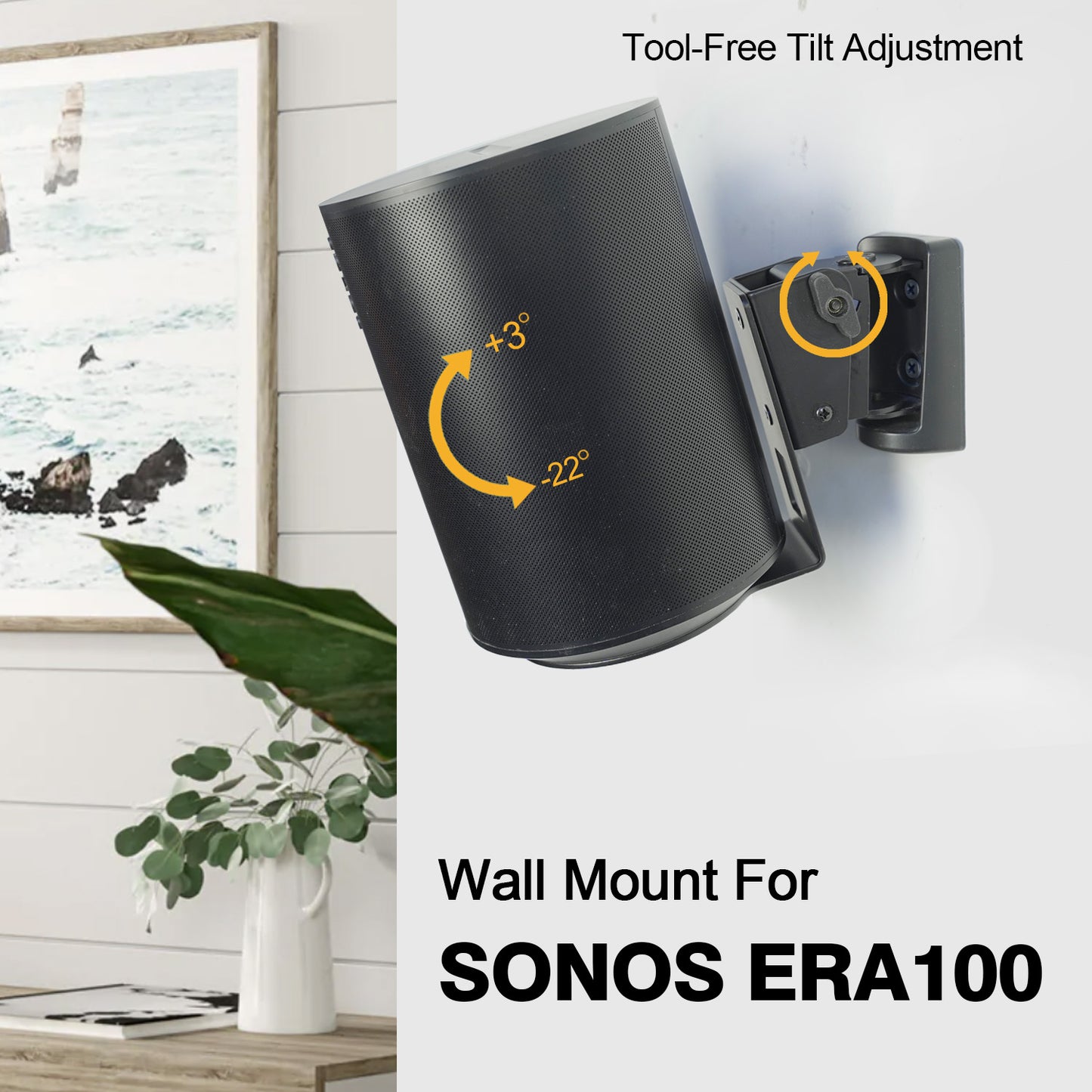 Sonos Era 100 Wall Mount Bracket – All-Metal Heavy Duty Steel, Adjustable Angle (-22° to 3° Tilt, ±45° Swivel), Tool-Free Tilt Adjustment, Includes Mounting Screws & Anchors, Sturdy Anti-Vibration Speaker Wall Bracket