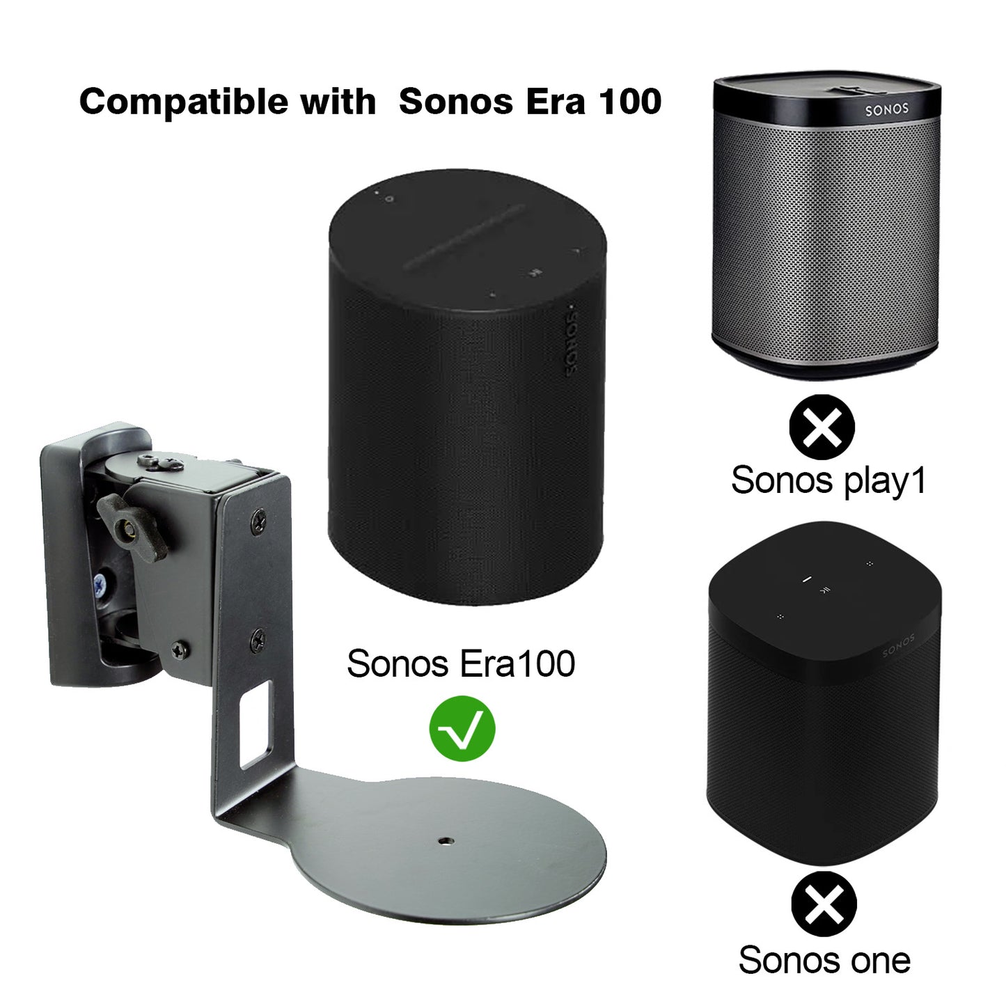 Sonos Era 100 Wall Mount Bracket – All-Metal Heavy Duty Steel, Adjustable Angle (-22° to 3° Tilt, ±45° Swivel), Tool-Free Tilt Adjustment, Includes Mounting Screws & Anchors, Sturdy Anti-Vibration Speaker Wall Bracket